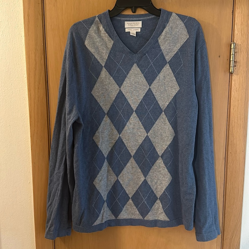 Banana Republic Men’s Argyle Cotton Cashmere V Neck Sweater Blue SizeL Large